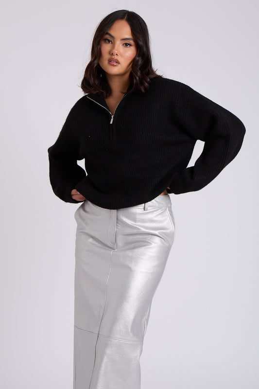 Black Ribbed Oversized Half Zip Jumper