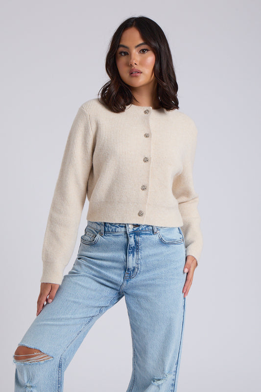Neutral Floral Button Cropped Cardigan