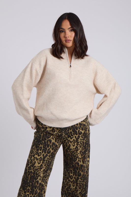 Cream Ribbed Oversized Half Zip Jumper