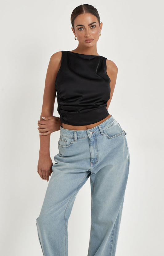 Black Satin Tie Back Top
