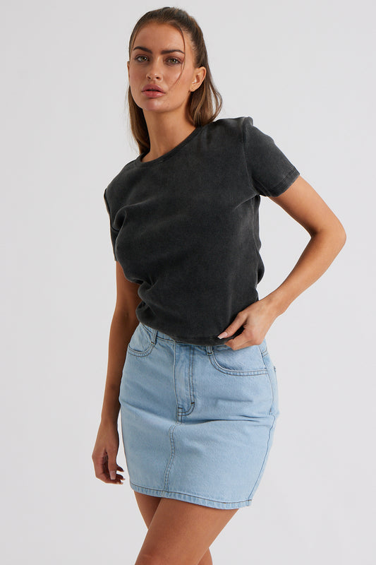 Frayed Charcoal Washed Ribbed Tee