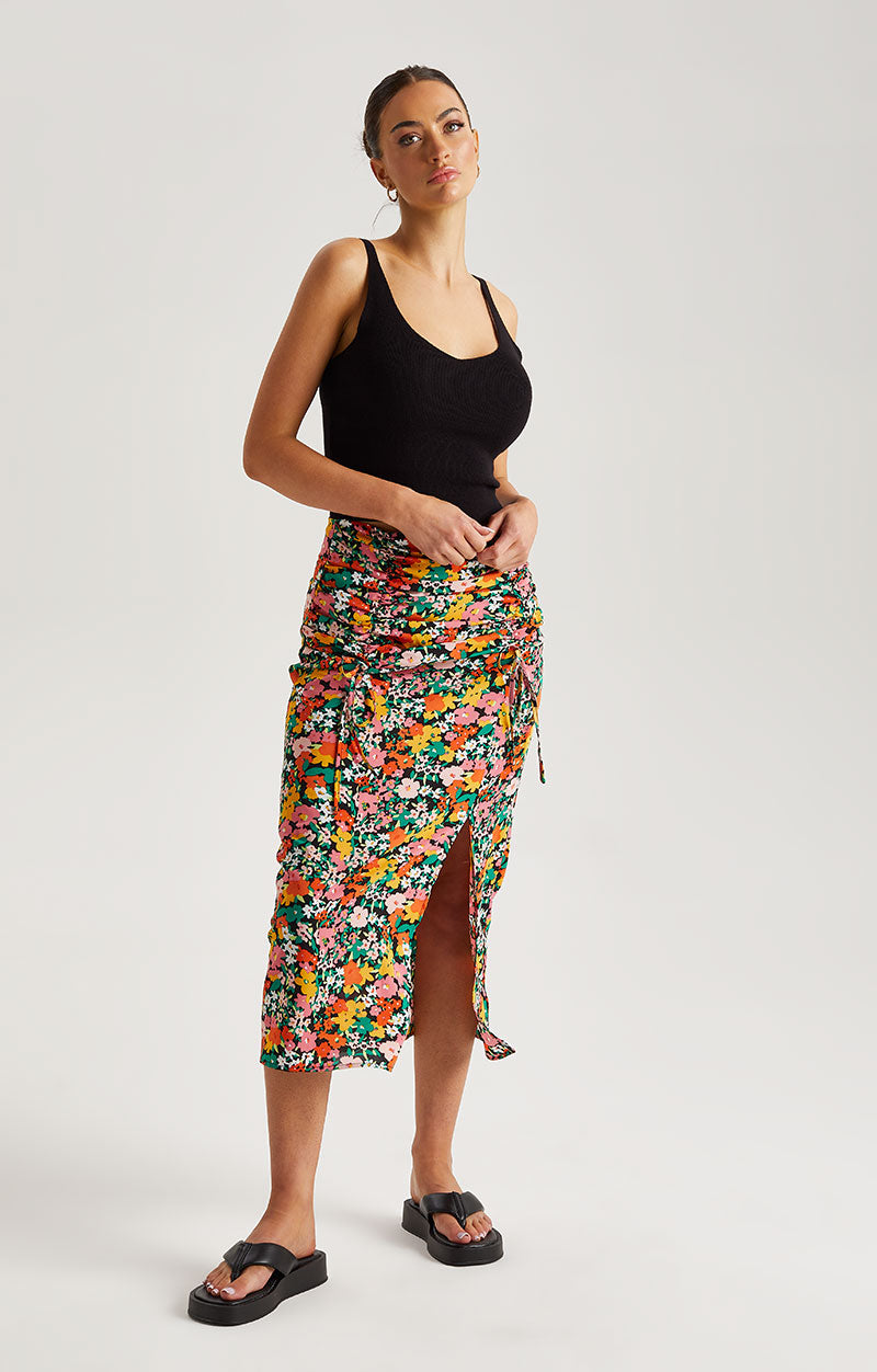 Black Floral Ruched Midi Skirt main image 1