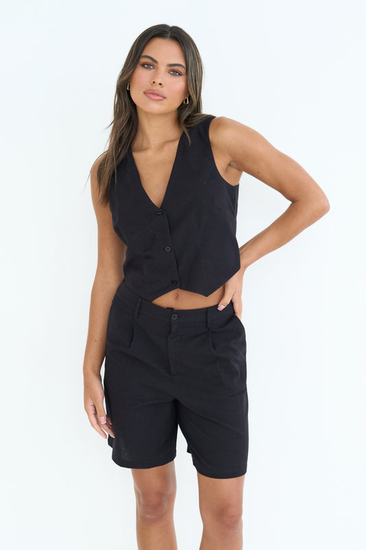 Black Linen Blend Waistcoat