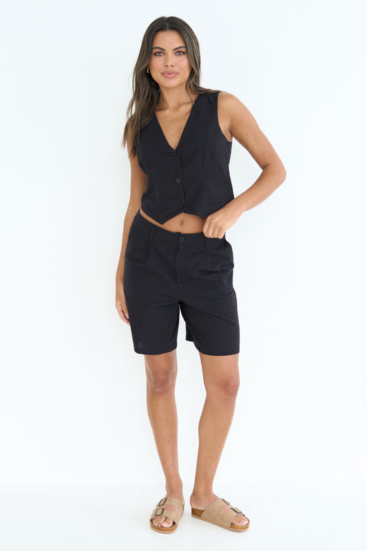 Black Linen Blend Short
