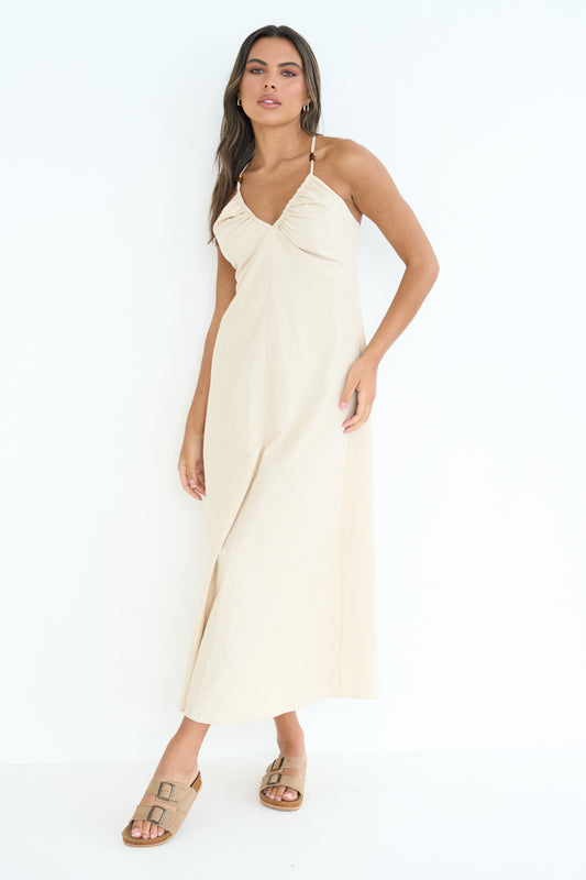 Linen Blend Beaded Maxi Dress