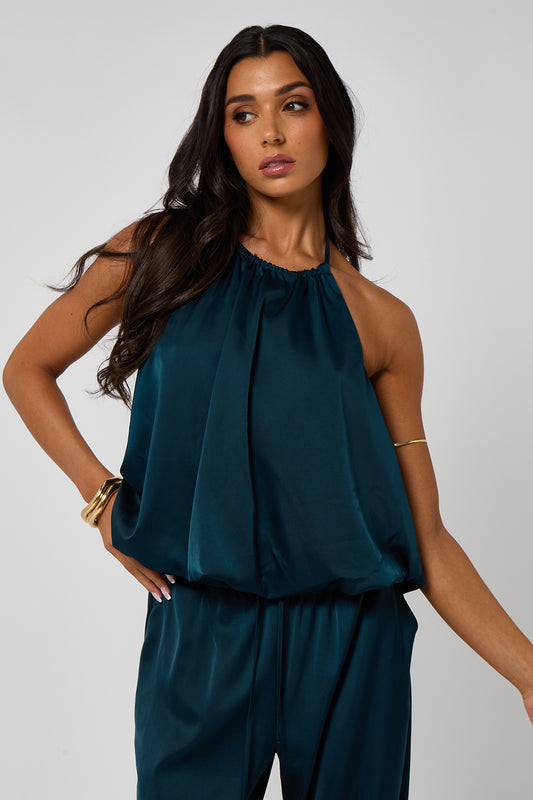 Halterneck Ruched Top with Bubble Hem