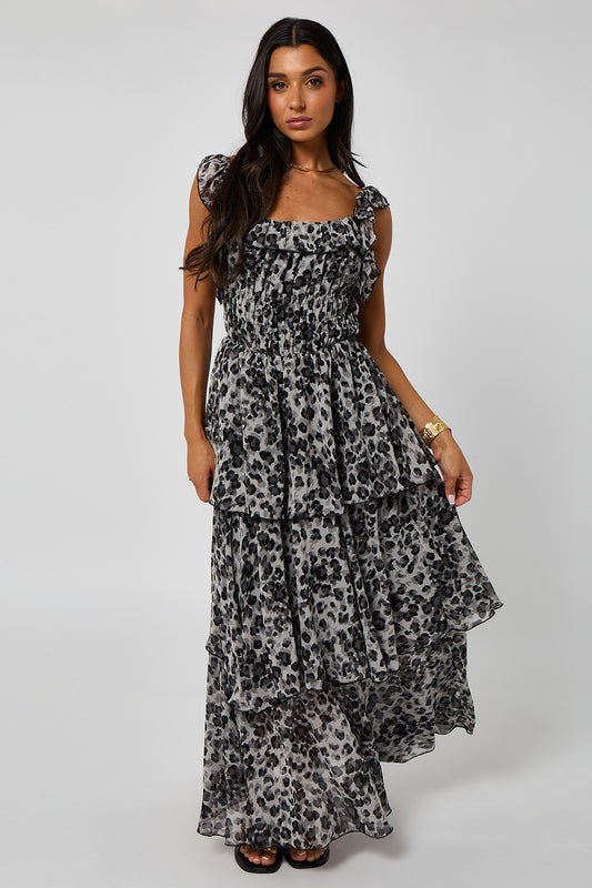 Grey Leopard Tiered Midaxi Dress with Ruffles