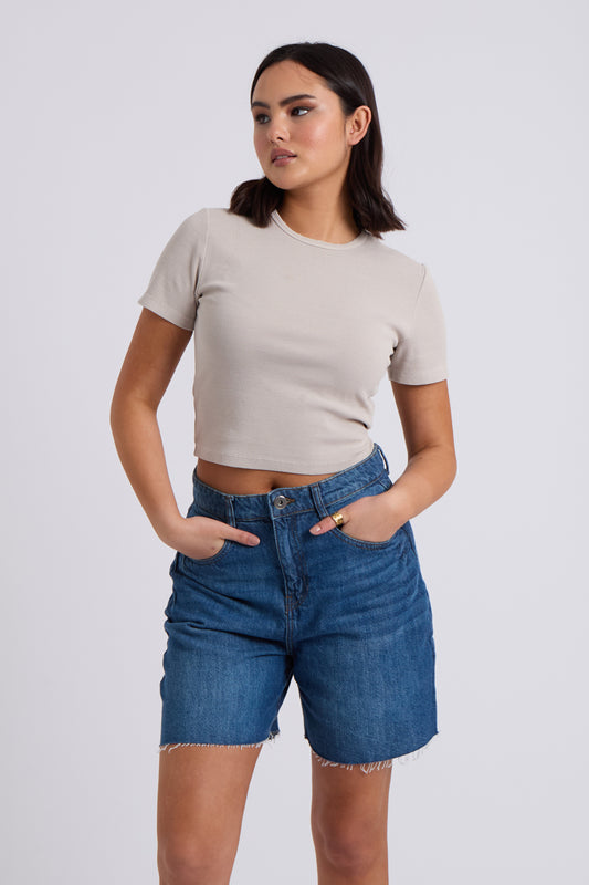 Frayed Neutral Washed Ribbed Tee
