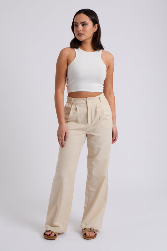 Beige Linen Blend Wide Leg Trouser