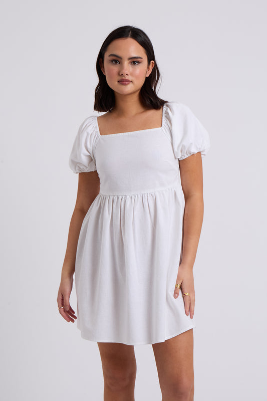 Linen Blend Lace Up Mini Smock Dress