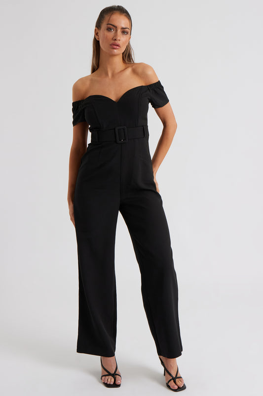 Vienna Black Self Belted Bardot Jumpsuit