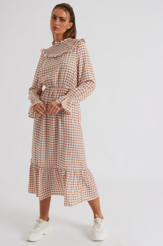 Tabitha Check Sheered Neck Dress