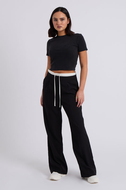 Black Double Waistband Wide Leg Trouser