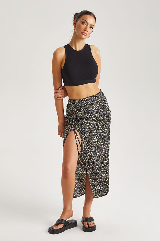 Floral Ruched Side Midi Skirt