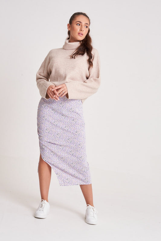 Oatmeal Crop Roll Neck Wide Rib Jumper