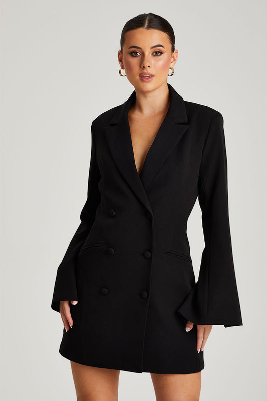 Black Flare Sleeve Fitted Blazer Dress