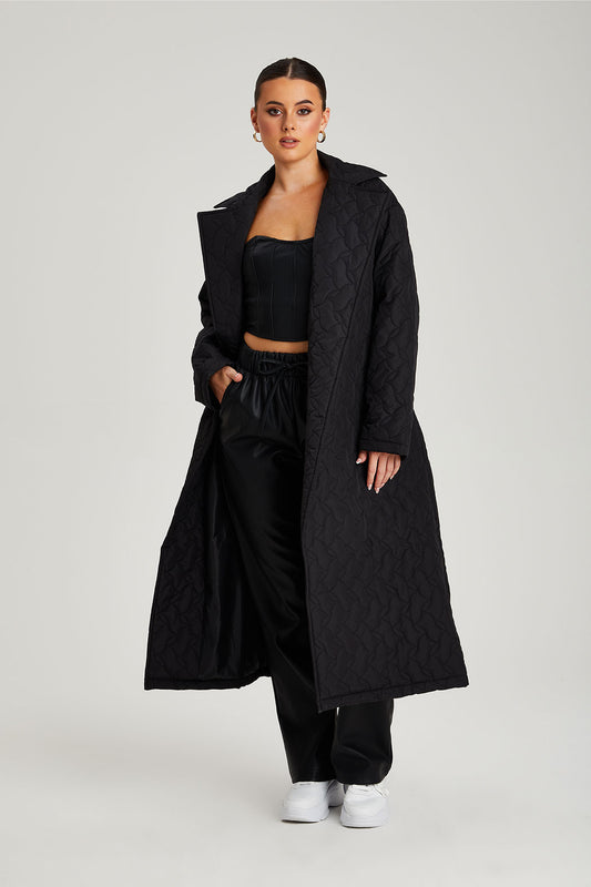 Black Longline Quilted Belted Jacket