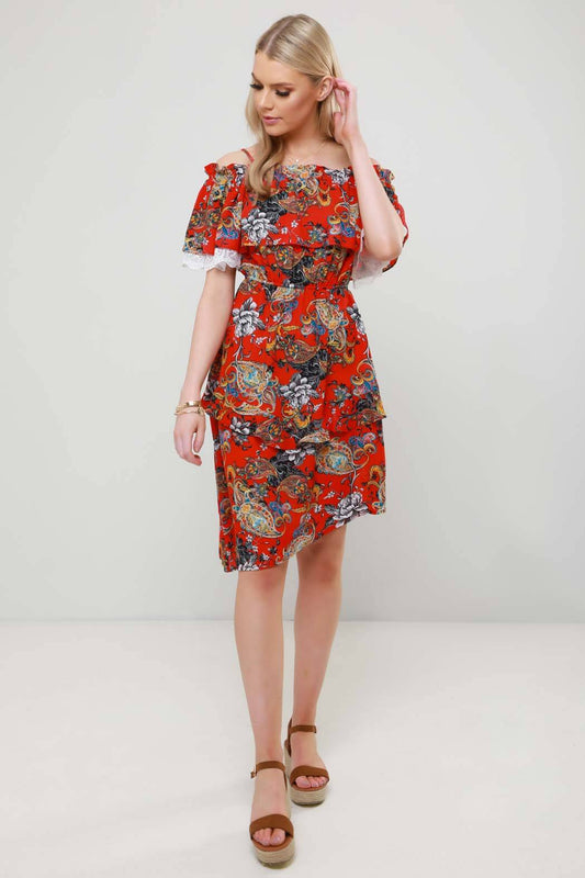 Anita Red Paisley Asymmetric Ruffle Midi Dress