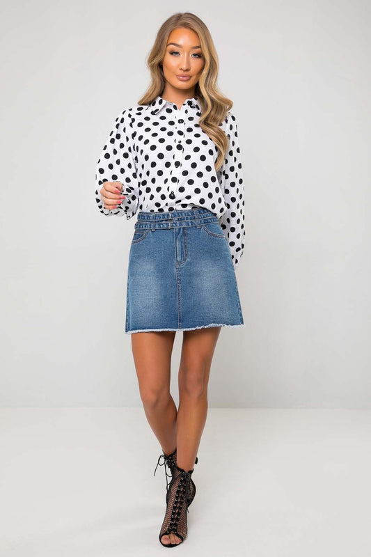 Rae Blue Belted Raw Hem Denim Mini Skirt