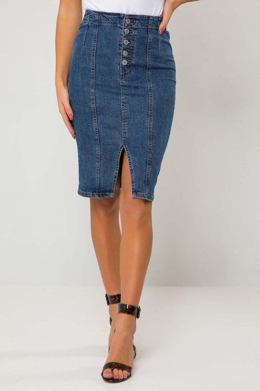 Hestia Button Up Blue Denim Pencil Skirt