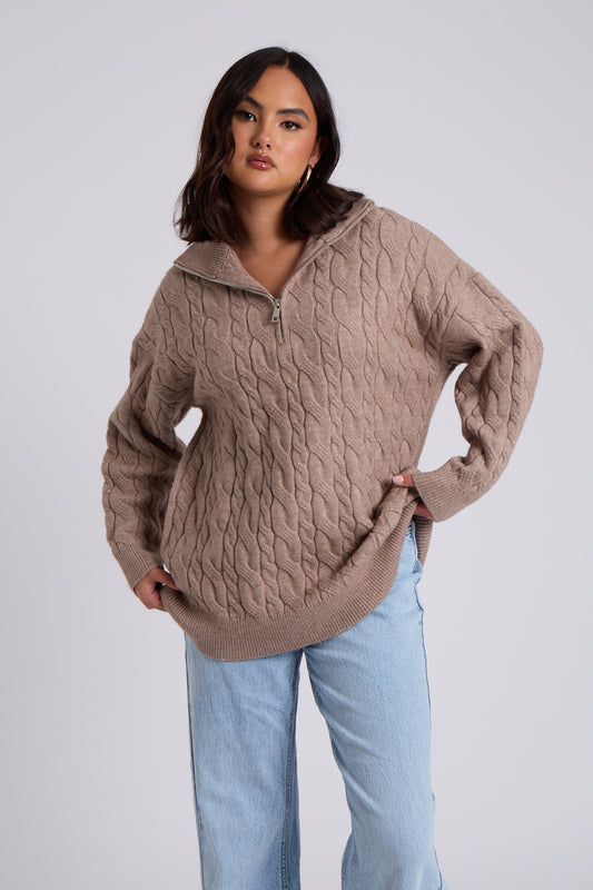 Brown Cable Zip Neck Jumper