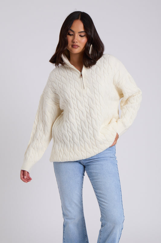 White Cable Zip Neck Jumper