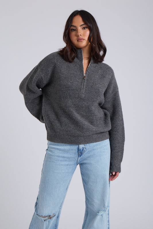 Grey Ribbed Oversized Half Zip Jumper