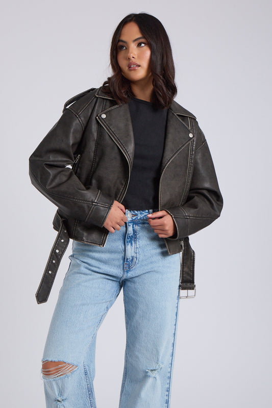 Distressed PU Biker Jacket