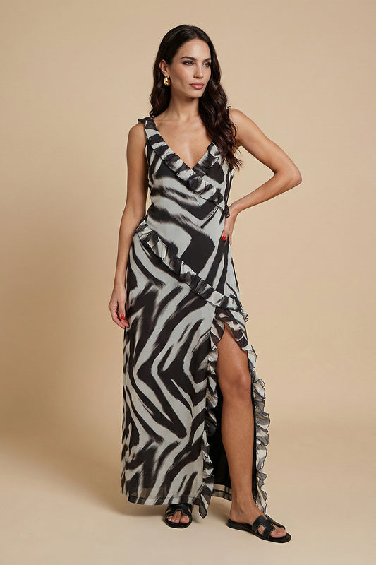 Zebra Ruffle Maxi Dress