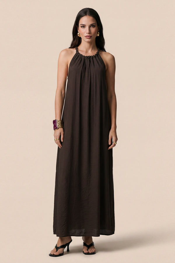 Braided Neck Trim Maxi Dress Khaki