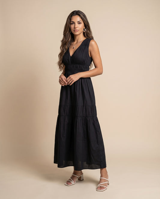 Cotton Poplin Ruched Maxi Dress Black
