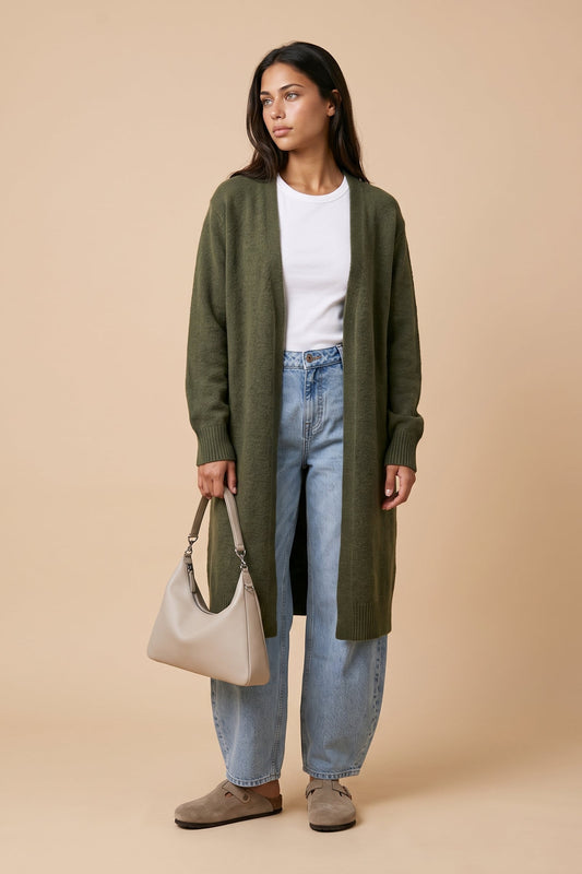 Longline Patch Pocket Cardigan Khaki