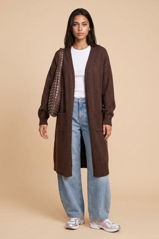 Longline Patch Pocket Cardigan Chocolate