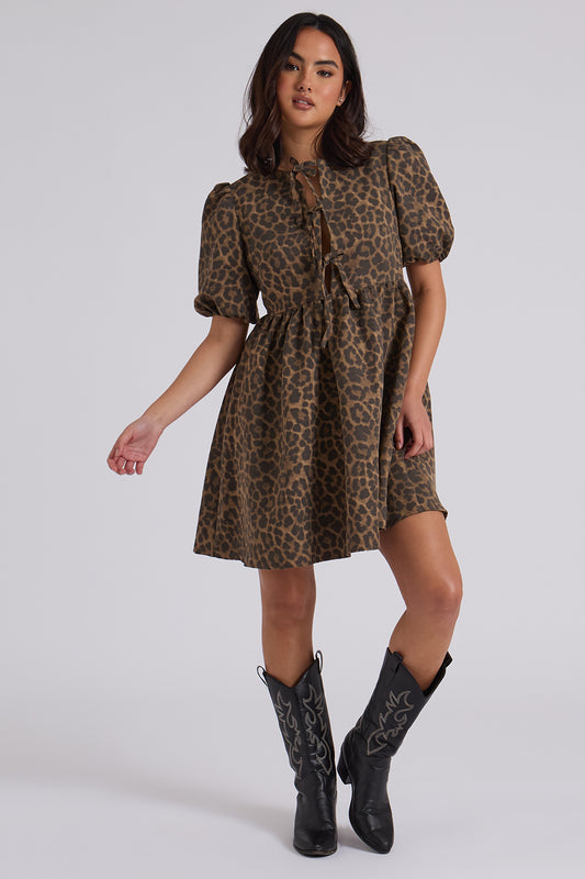 Leopard Tie Front Smock Dress