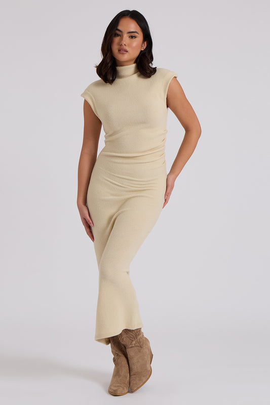 Brushed Cream Jersey Maxi Ruched Dress