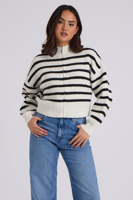 Stripe Zip Ribbed Cardigan