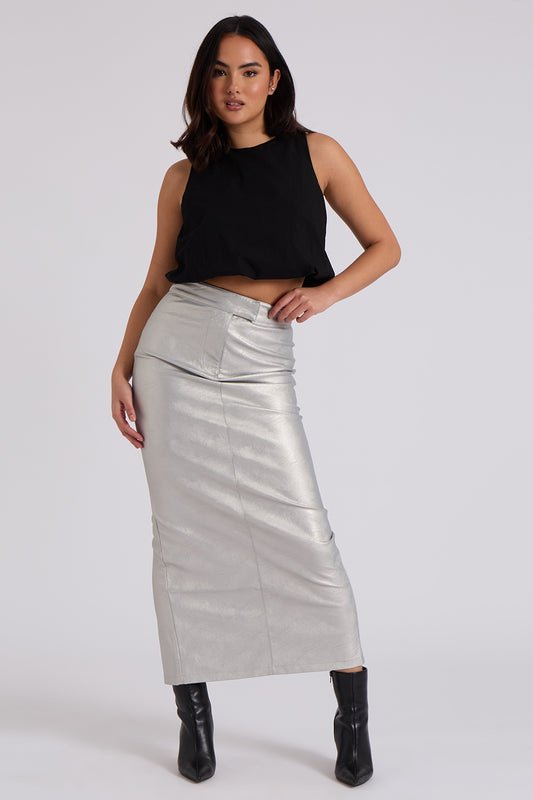 Silver PU Split Back Maxi Skirt