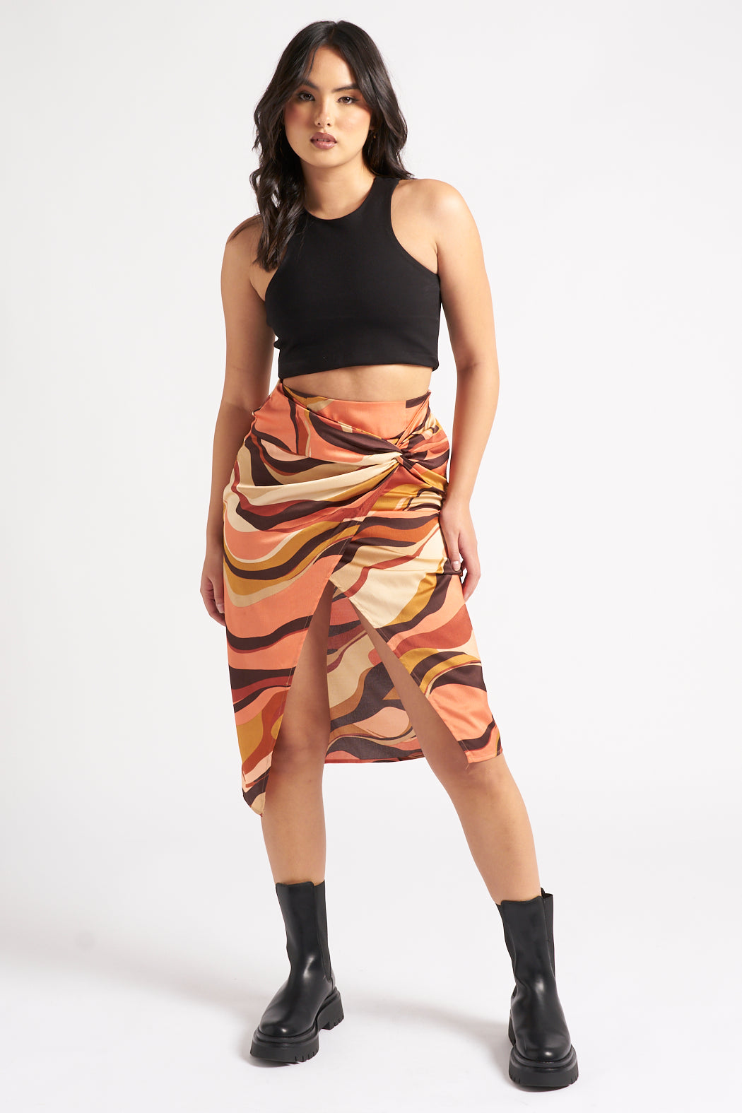 Swirl Front Knot Satin Skirt