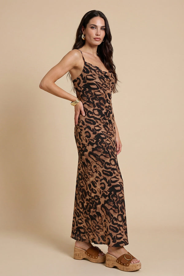 Leopard Satin Cowl Maxi Dress