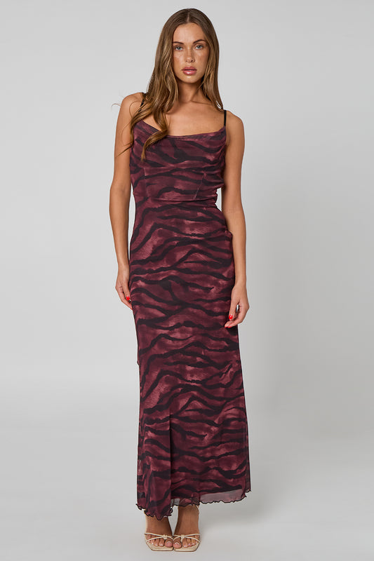 Zebra Cowl Corset Maxi Dress with Ruffles