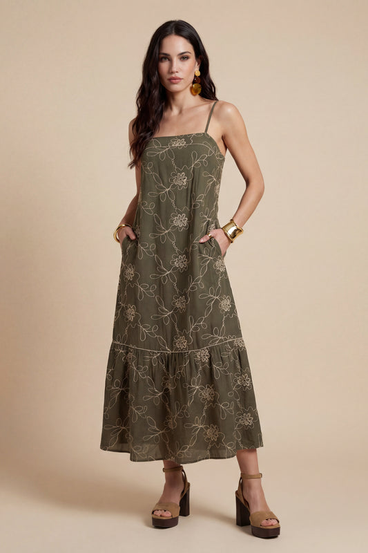 Embroidered Maxi Dress Khaki