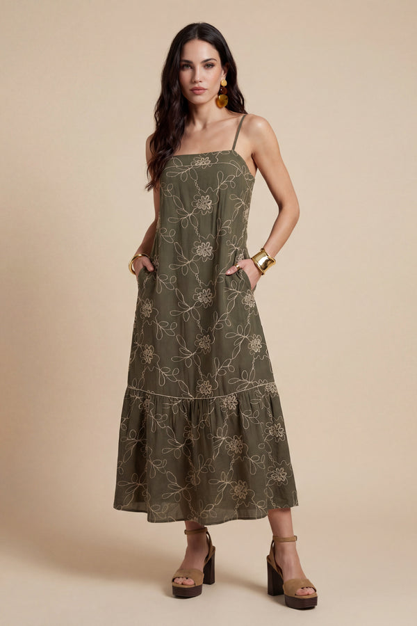 Embroidered Maxi Dress Khaki