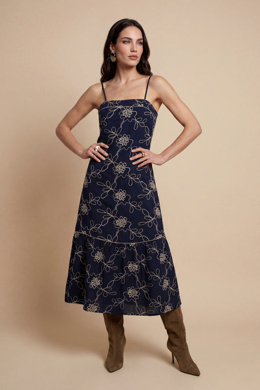 Embroidered Maxi Dress Navy