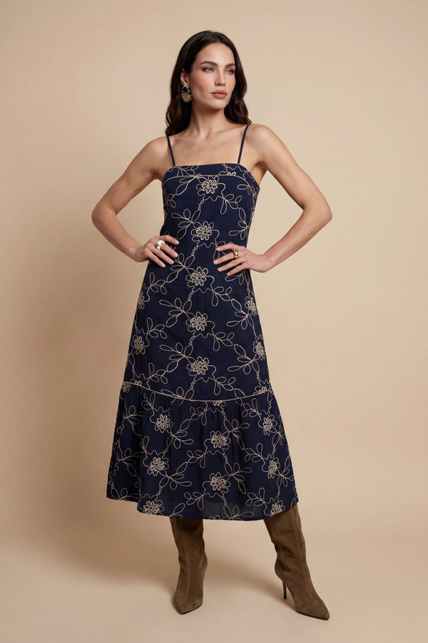 Embroidered Maxi Dress Navy