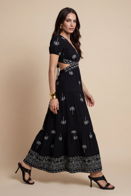 Open Pen Back Tirered Maxi Dress Black Pattern