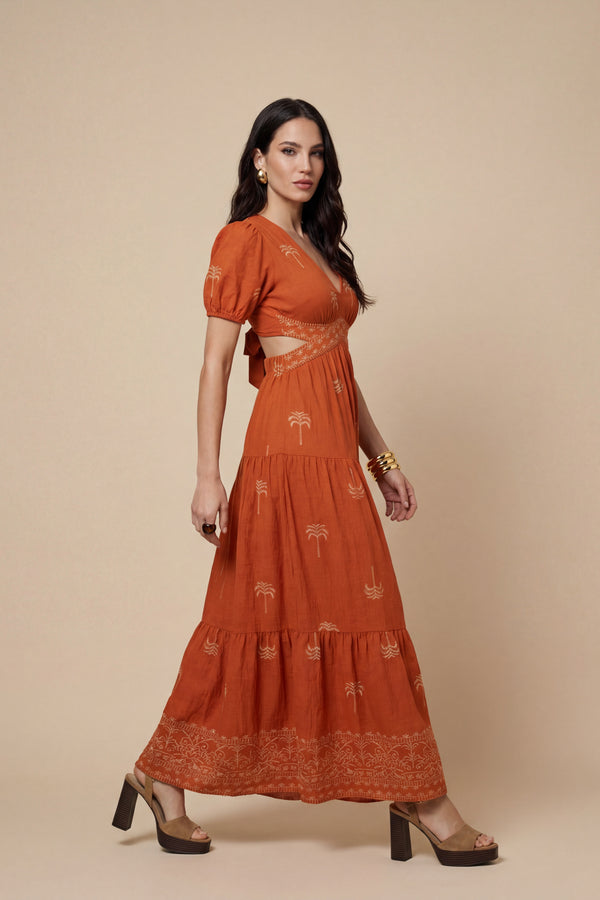 Open Back Tirered Maxi Dress Rust Pattern