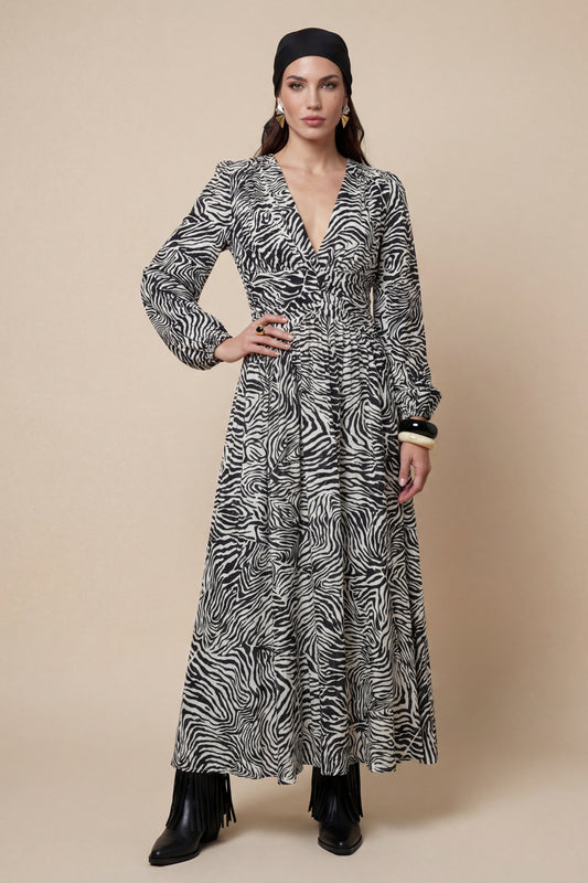 Zebra Long Sleeve Metallic Dress Mono Pattern