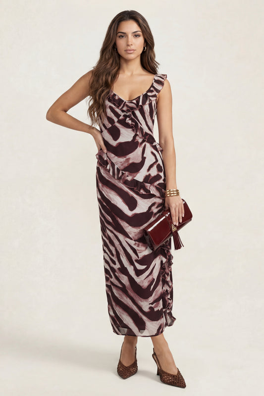 Animal Ruffle Maxi Dress Burgundy