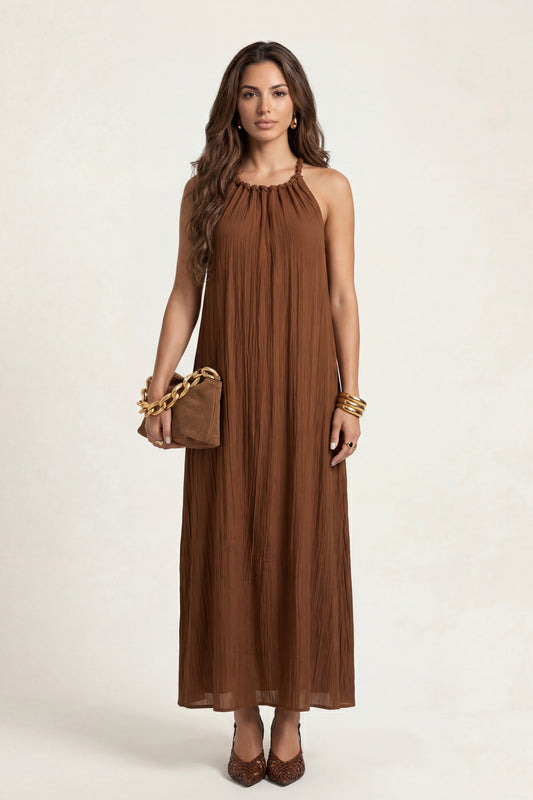 Braided Neck Trim Maxi Dress Tan