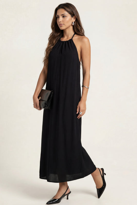 Braided Neck Trim Maxi Dress Black